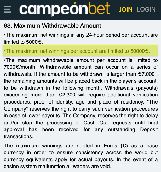 Campeonbet withdrawal limits