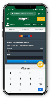 Mobile screenshot of the Wazobet deposit page