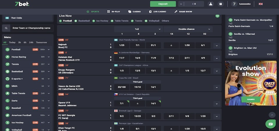 Screenshot of the 7bet live betting page